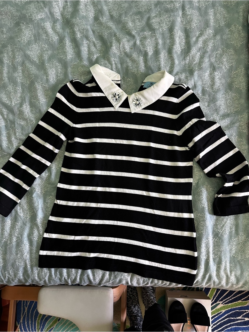 CeCe Black and White Striped Sweater with Embellished Collar